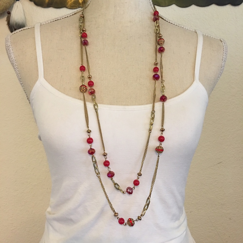 Vintage layered chain red sparkle bead necklace